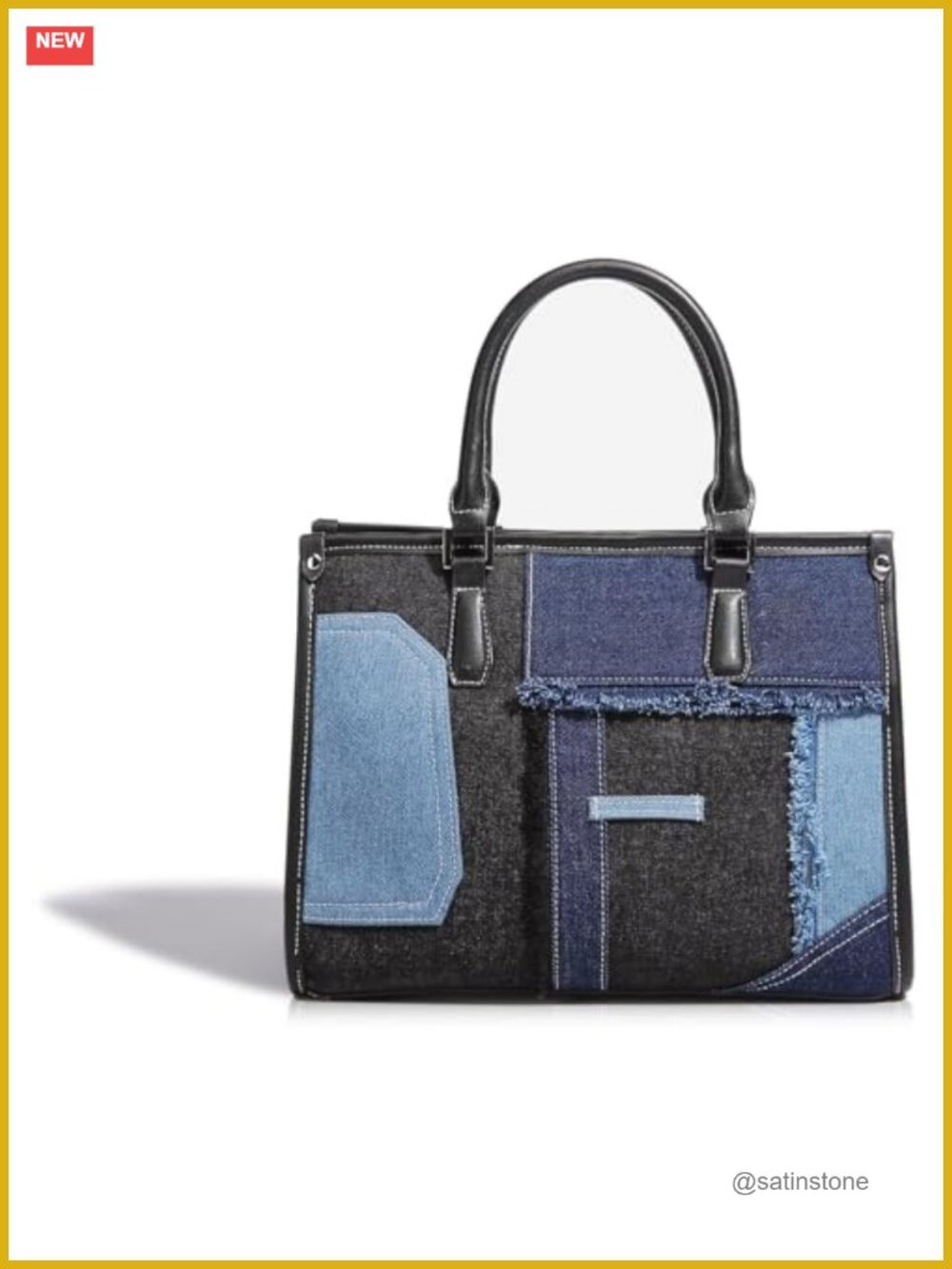 Denim Tote Bag Patchwork Satchel Shoulder Bag Zip Everyday Purse